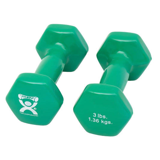 CanDo Vinyl Coated Dumbbells Pair Green 3 lb 2pc Handheld Weights for Muscle Training and Workouts Color Coded Anti-Roll Home Gym Equipment Beginner and Pro