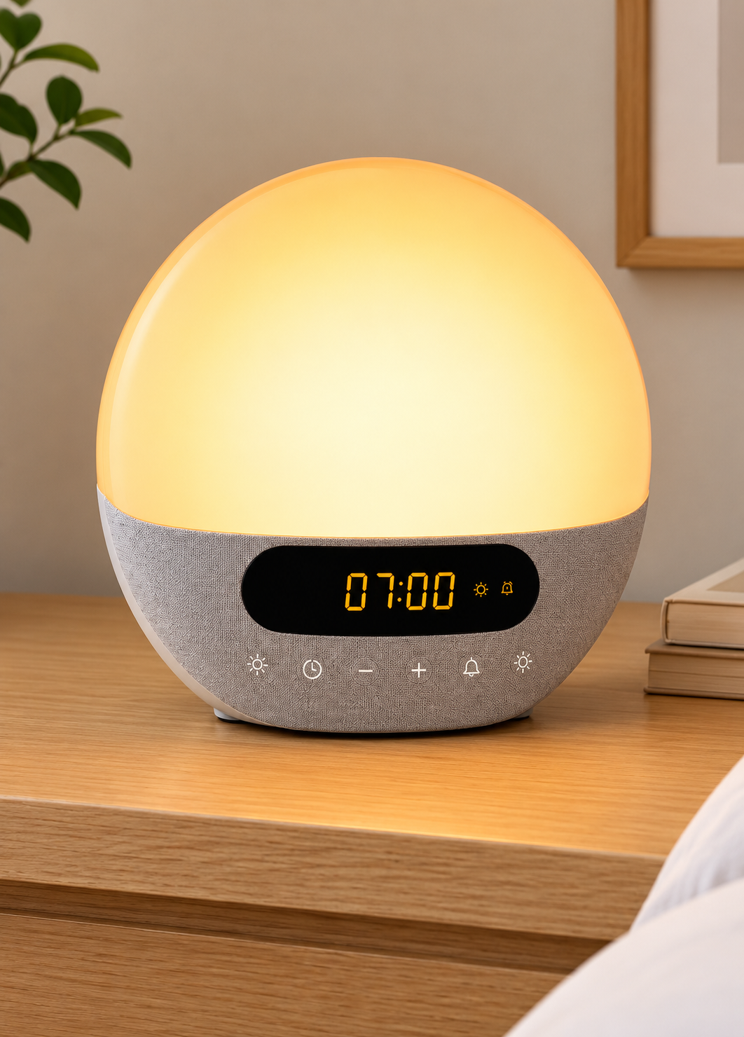 Wooden LED alarm clock in a calm bedroom setting